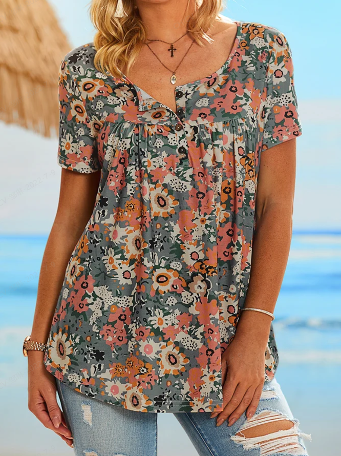 Holiday gradient flower half open button loose pleated top T-shirt
