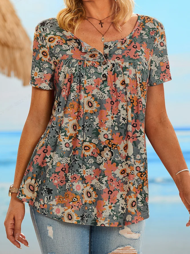 Holiday gradient flower half open button loose pleated top T-shirt