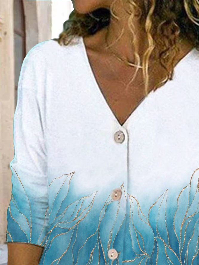 Casual V Neck Ombre Leaf Buttoned T-Shirt