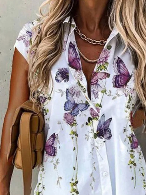 Floral Loosen Vacation Shirt Collar Short Sleeve Blouse for Women