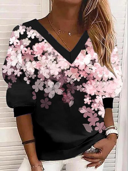 Casual Floral Design V-Neck Loose Knit Sweatshirt