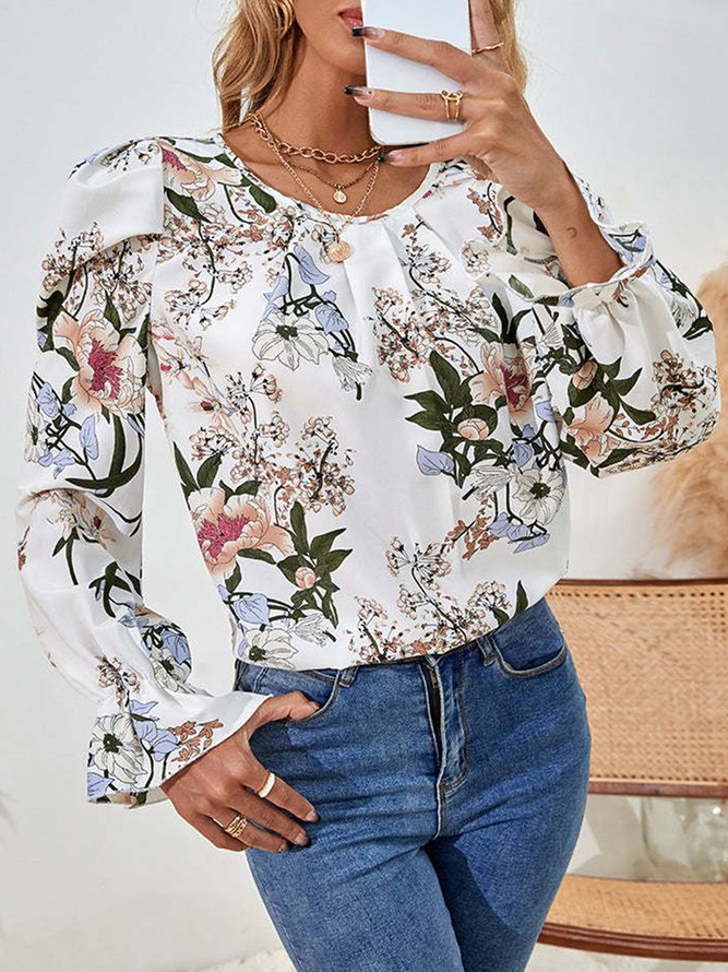 Floral Puff Sleeve Crew Neck Casual Tops