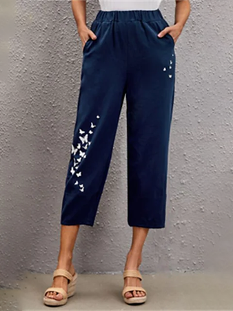 Butterfly Pattern Cotton-Blend Casual Regular Fit Casual Pants