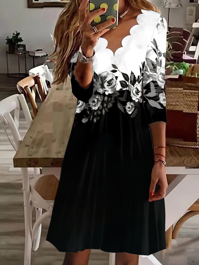 Casual Contrast Floral Design V-Neck Long Sleeve Knit Dress