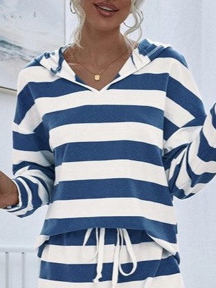Women Striped Casual Autumn Natural Loose Polyester fibre Top With Pants H-Line Regular Size Two Piece Sets