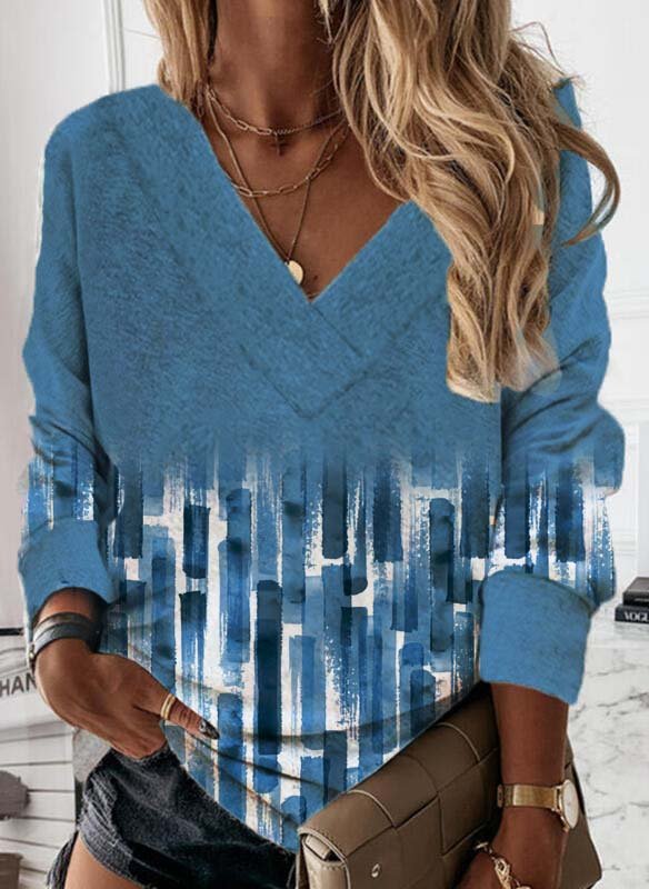 Geometric Casual Autumn V neck Long sleeve Cotton-Blend Regular H-Line Regular Sweatshirt for Women