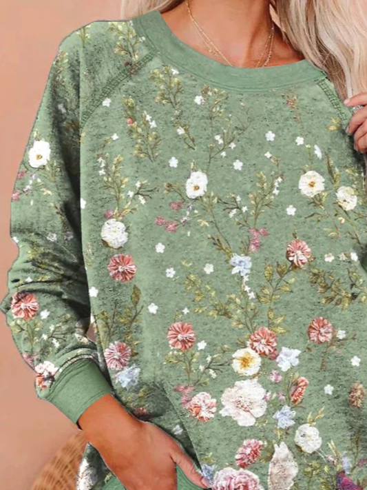 Cotton-Blend Casual Floral Sweatshirt