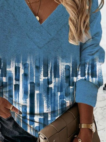Geometric Casual Autumn V neck Long sleeve Cotton-Blend Regular H-Line Regular Sweatshirt for Women