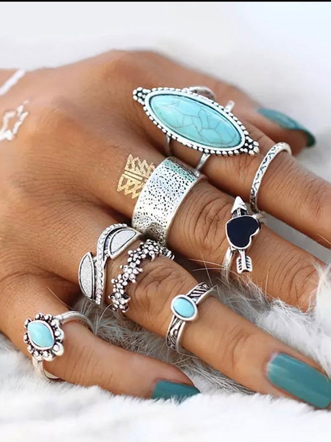 8Pcs Ethnic Style Turquoise Heart Ring Set Beach Holiday Jewelry