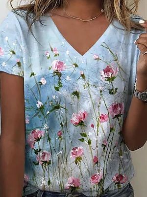 Women's Floral Cotton-Blend V Neck Casual T-Shirt