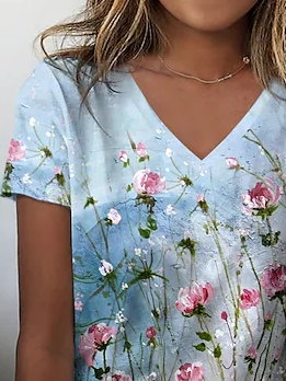 Women's Floral Cotton-Blend V Neck Casual T-Shirt