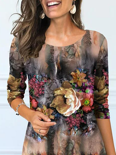 Women's Floral Casual Holiday Weekend Floral Painting T shirt Tee Long Sleeve Flowing tunic Print Round Neck Basic Essential Tops
