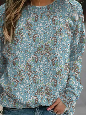 Casual Floral Autumn Polyester Micro-Elasticity Long sleeve Crew Neck Regular Regular Sweatshirt for Women