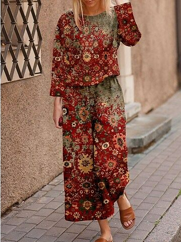 Casual Ethnic Autumn Polyester Natural No Elasticity Long sleeve Crew Neck H-Line Two Piece Sets for Women