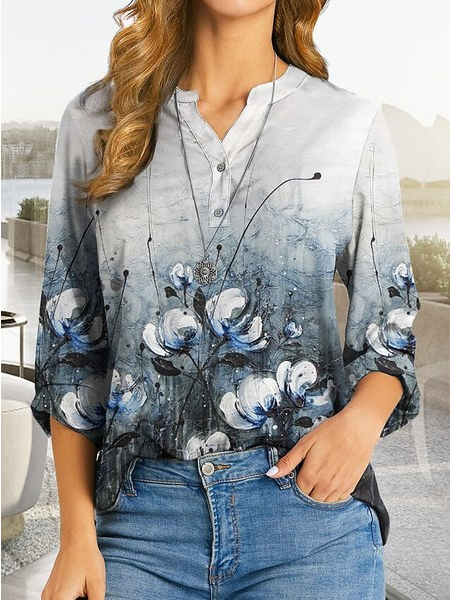 Stand Collar Floral Regular Fit Tops