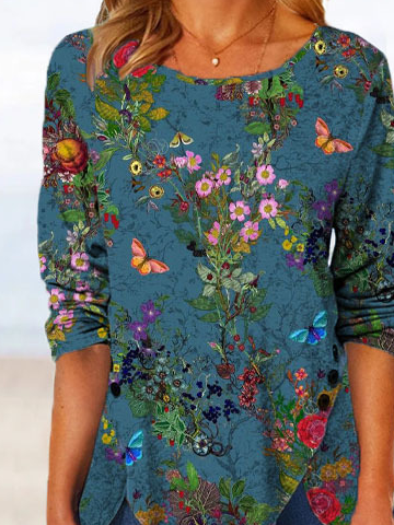 Floral Crew Neck Loose Tops
