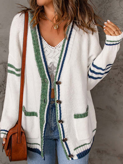 Women Geometric Casual Winter Daily Loose Buttons Wool/Knitting Mid-long Regular Sweater coat