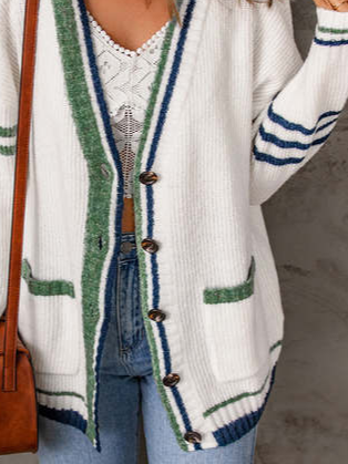 Women Geometric Casual Winter Daily Loose Buttons Wool/Knitting Mid-long Regular Sweater coat