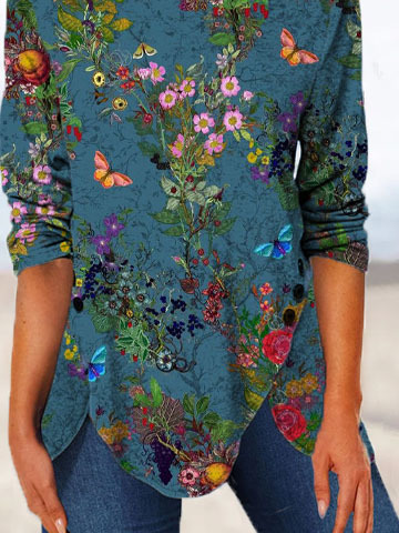 Floral Crew Neck Loose Tops