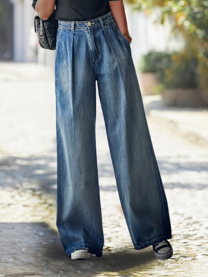 Plain Simple Autumn Daily Loose Straight pants Denim Long H-Line Jeans for Women