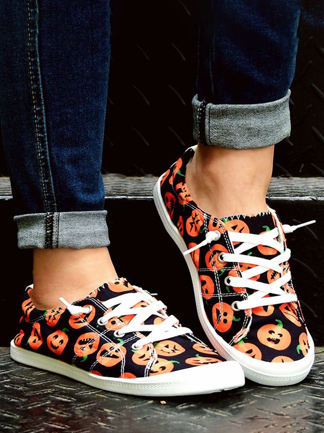 Women Casual All Season Halloween Printing Fabric Lace-Up Non-Slip Canvas EVA Sneakers