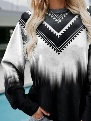 Geometric Casual Autumn Loose Long sleeve Crew Neck Cotton-Blend H-Line Regular Size Sweatshirt for Women