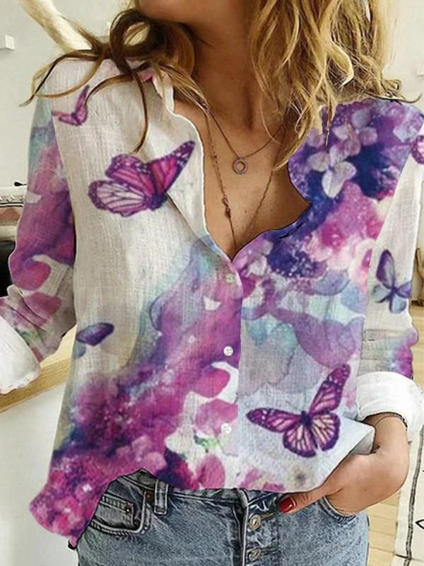 Women Casual Autumn Butterfly No Elasticity Long sleeve Regular Regular Shirt Collar Regular Size Blouse