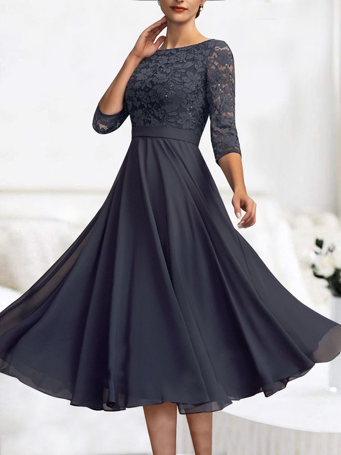 Women's Wedding party Lace Chiffon zip seven Sleeve midi Dress