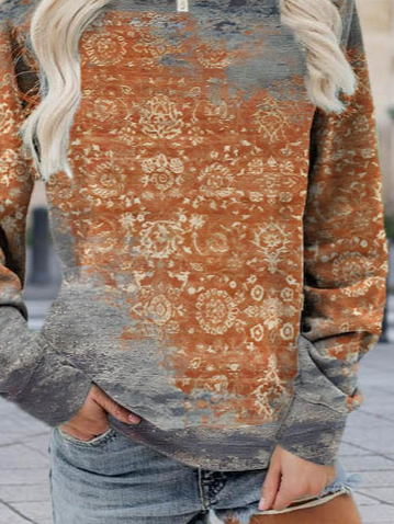 Casual Ethnic Autumn Polyester Loose Long sleeve Regular H-Line Regular Size Sweatshirt for Women