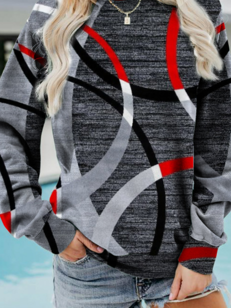 Geometric Casual Autumn Spandex Micro-Elasticity Crew Neck H-Line Regular Regular Size Sweatshirts for Women