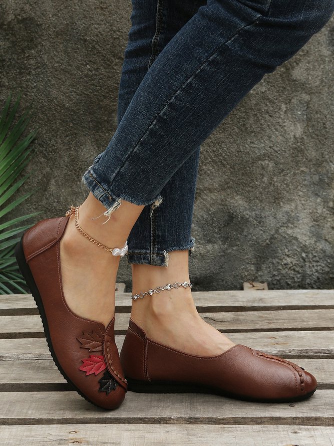 Women Vintage Leaf All Season Daily PU Flat Heel Pu Slip On Shallow Shoes Flats