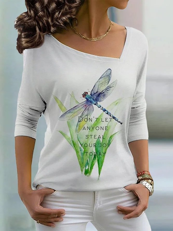 Asymmetrical Regular Fit  Casual Dragonfly  T-Shirt