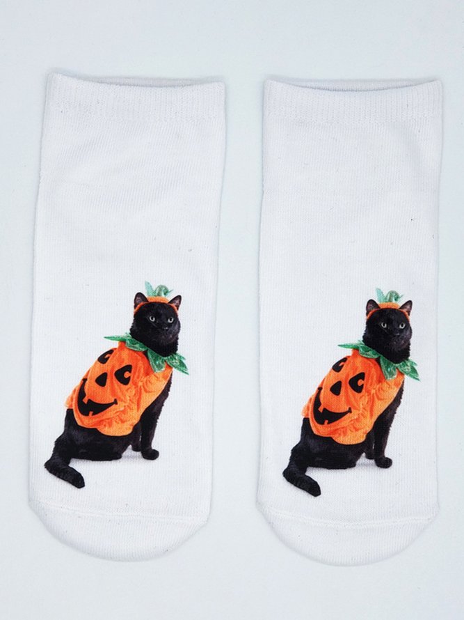 Women Casual All Season Cat Cotton Printing Holiday Halloween Ankle Socks Regular Socks