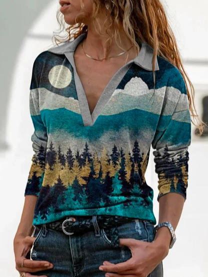 Autumn Vacation Landscape Print Polyester V neck High Elasticity H-Line Regular Regular Size T-shirt for Women