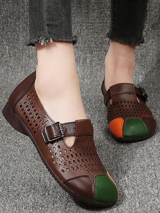 Vintage Color Block All Season Breathable Vacation Closed Toe PU Adjustable Buckle Deep Mouth Shoes Flats for Women
