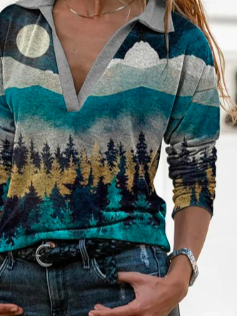 Autumn Vacation Landscape Print Polyester V neck High Elasticity H-Line Regular Regular Size T-shirt for Women