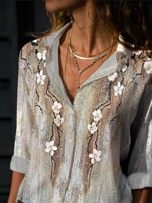 Casual Floral Shawl Collar Blouse