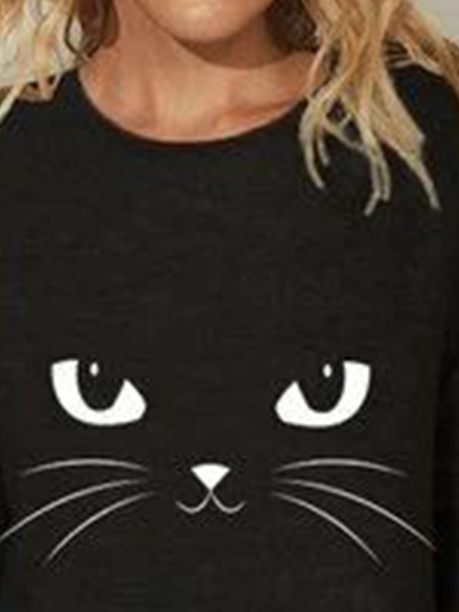 Women Casual Autumn Cat Polyester Lightweight Long sleeve Regular H-Line Medium Elasticity T-shirt