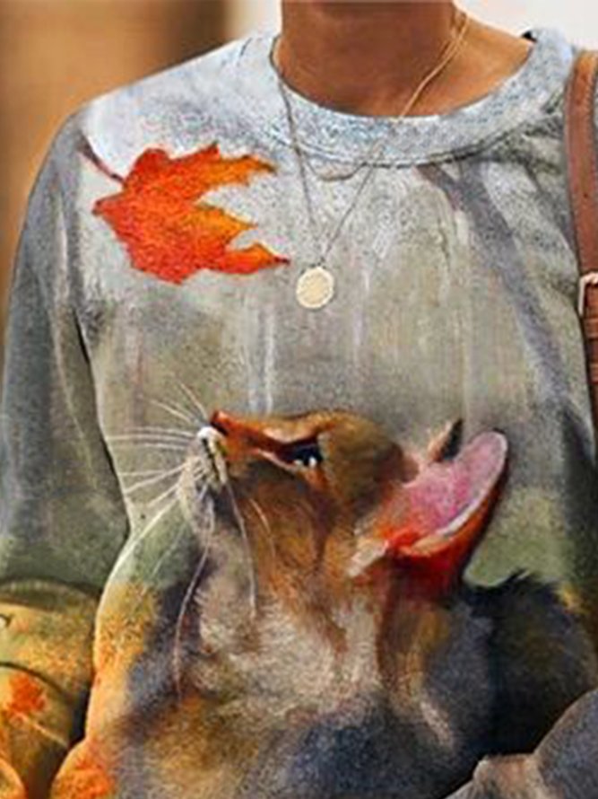Casual Autumn Cat Heavyweight Daily Loose Crew Neck Regular Medium Elasticity Sweatshirt for Women