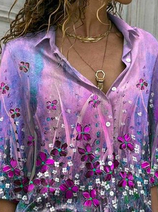 Shirt Collar Loose Floral Blouse