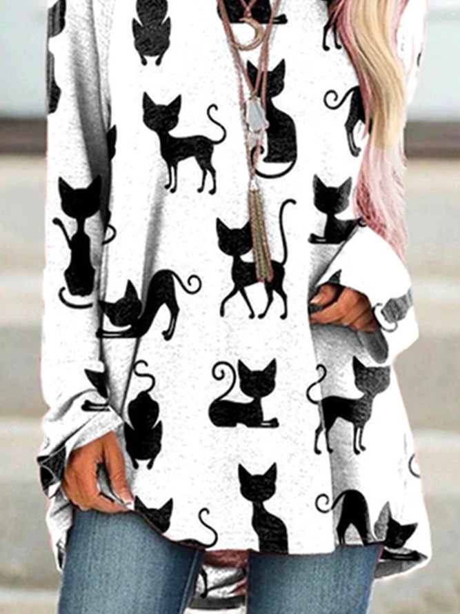 Casual Autumn Cat Polyester High Elasticity Loose Crew Neck Regular H-Line T-shirt for Women