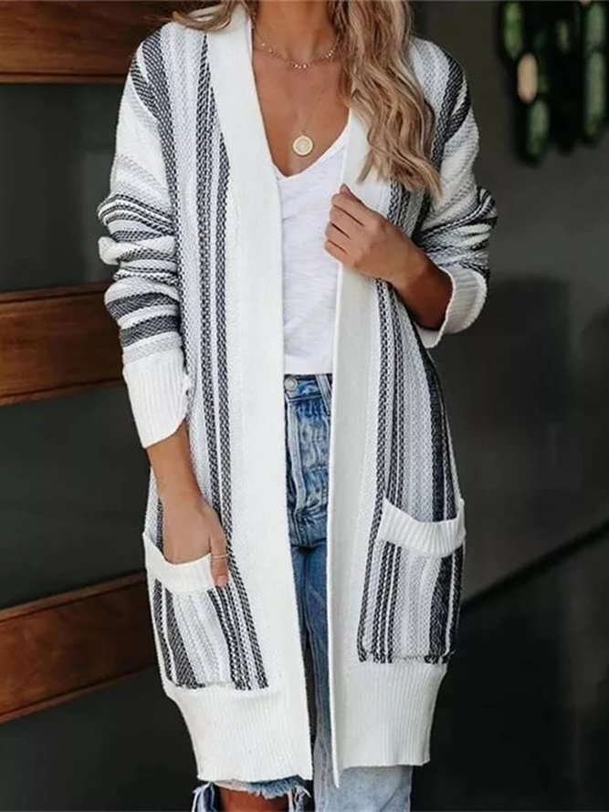 Women Striped Casual Autumn Long sleeve Wrap Mid-long H-Line Medium Elasticity Regular Size Sweater coat