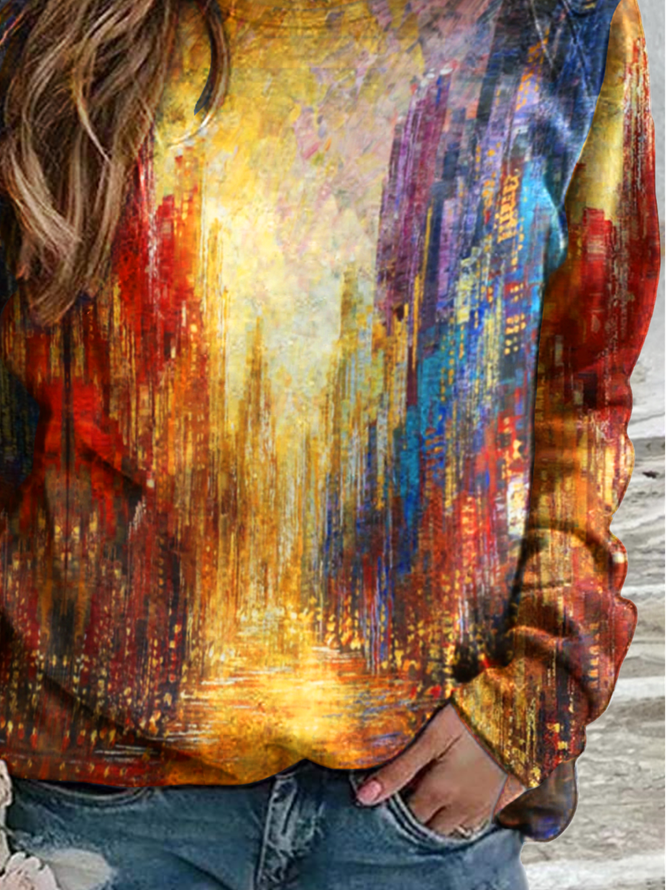 Women Painting Autumn Vacation Micro-Elasticity Loose Regular H-Line Regular Regular Size Sweatshirt