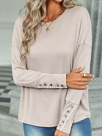 Casual Plain Autumn Loose Long sleeve Crew Neck Cotton-Blend Regular Regular Size Tops for Women
