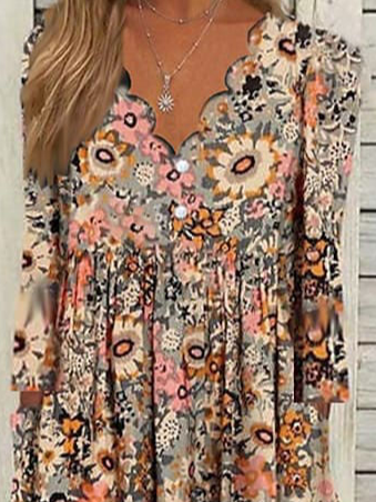 Casual Floral Design Shell Collar Loose Dress