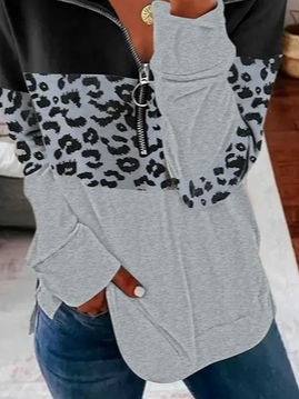 Women Leopard Casual Autumn Zipper Daily Long sleeve Cotton-Blend Regular H-Line Sweatshirt