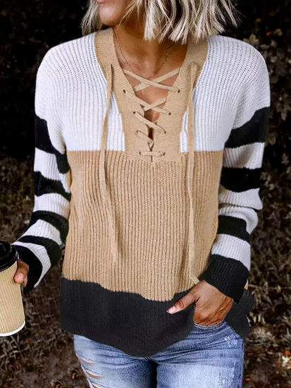 Women Striped Casual Autumn Micro-Elasticity Loose Long sleeve Regular Regular Regular Size Sweater