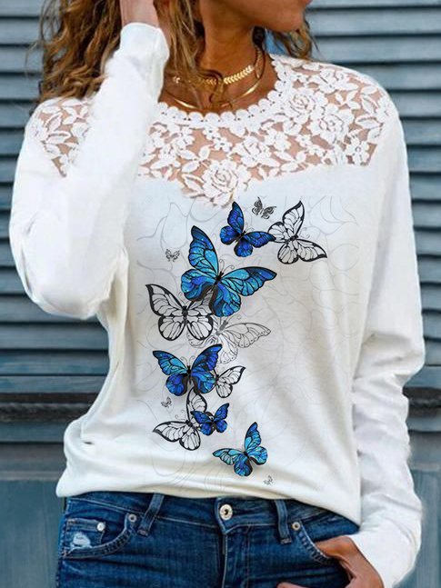 Lace and Butterfly Crew Neck Long Sleeve Top