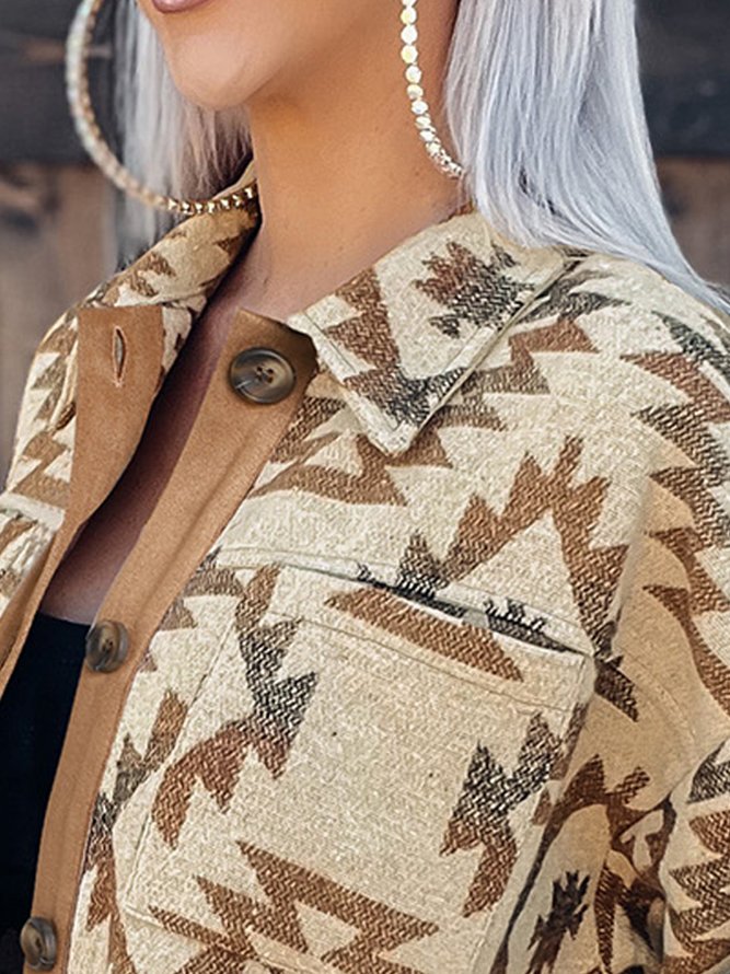 Beige Aztec Pocket Buttoned Long Sleeve Jacket