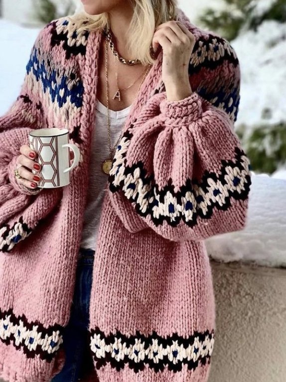 Women Casual Floral Winter Natural Daily Long sleeve Wool/Knitting Regular Regular Size Sweater coat